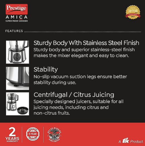 Prestige 1000 W Amica Super Mixer Grinder|5 Jars with Multiple Accessories(Slicer,Shredder,Finger Chip Disc,Chopper,Kneader)|2 years warranty on product & 5 years warranty on motor| (Black and Silver) - Image 2